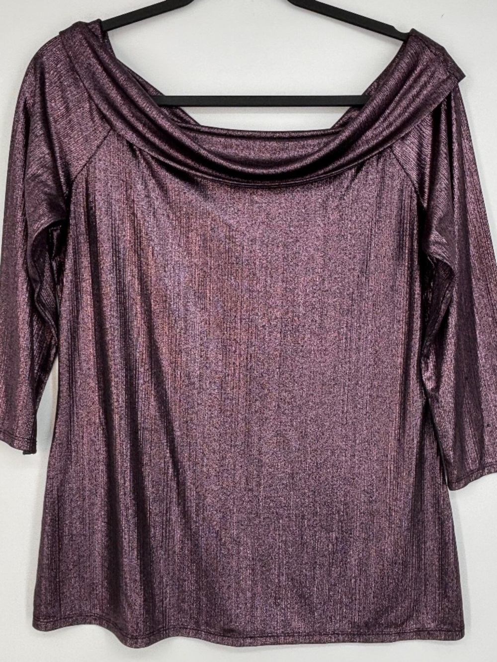 City Streets Juniors Large Off the Shoulder Knit Top Purple Metallic 3/4 Sleeves
